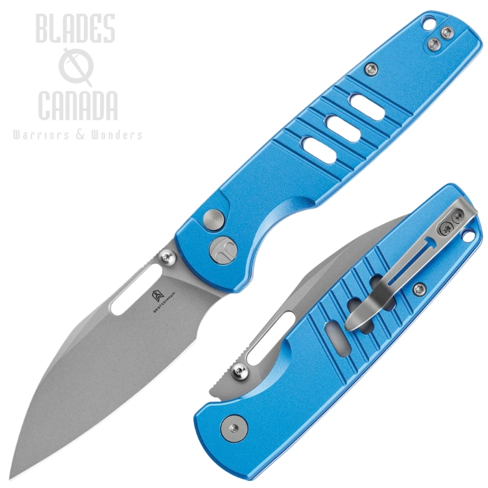 Bestech Vector Button Lock Folding Knife, D2 Bead Blast, Aluminum Blue, MK15D