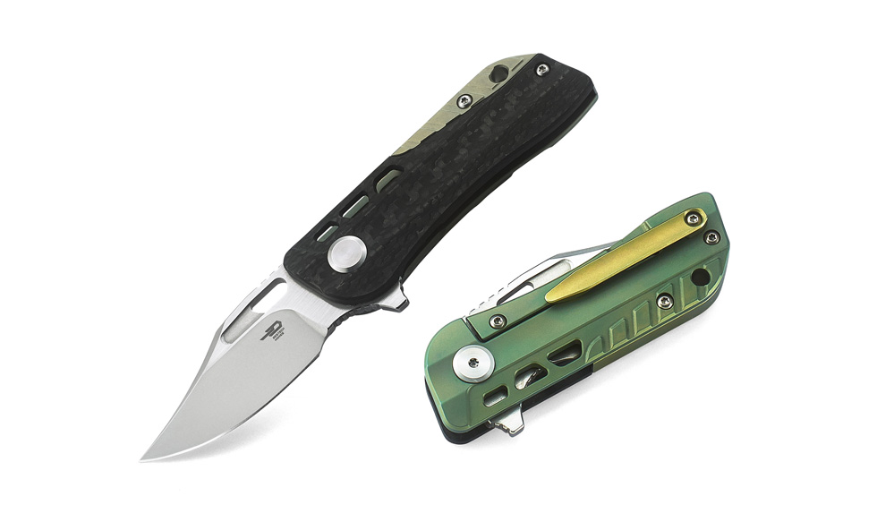 Bestech Engine Bowie Flipper Framelock Knife, S35VN Two-Tone, Titanium Green/CF, BT1806C - Click Image to Close
