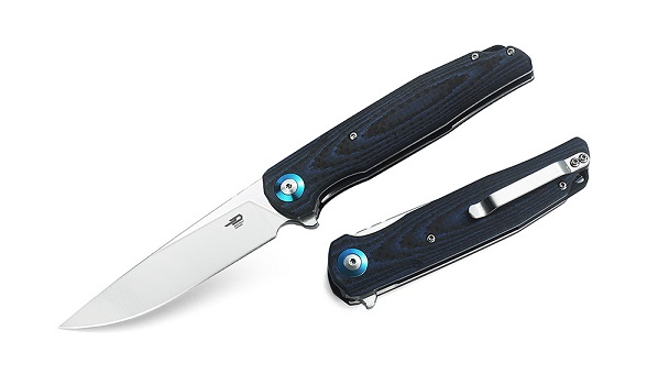 Bestech Ascot Flipper Folding Knife, D2 Drop Point, G10 Blue/CF, BG19C