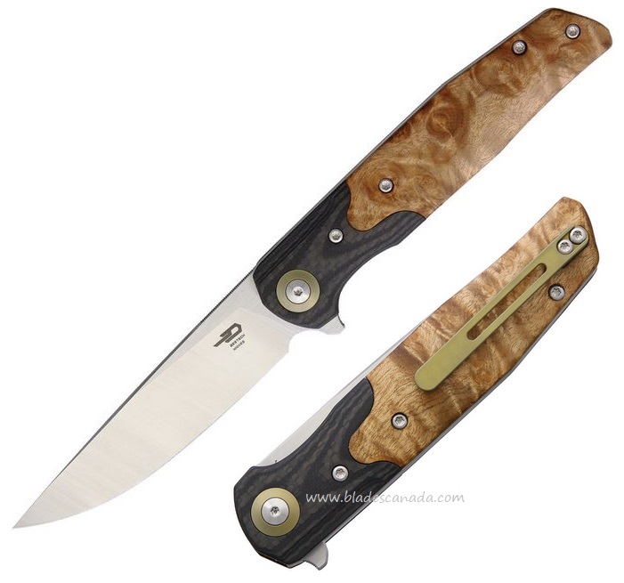 Bestech Ascot Flipper Folding Knife, 14C28N Sandvik, Burl Wood, BG19D - Click Image to Close