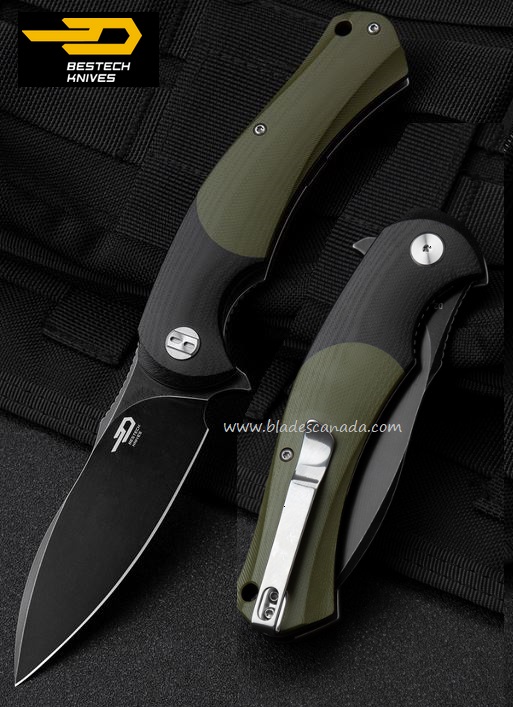 Bestech Penguin Flipper Folding Knife, D2, G10 Black/Green, BG32E