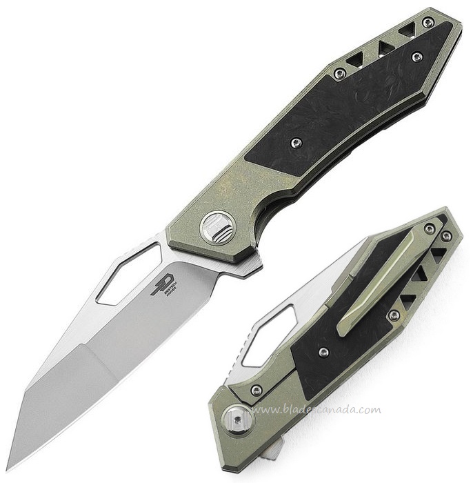 Bestech Fractal Flipper Framelock Knife, S35VN Tanto Two-Tone, Titanium Green/CF, BT1907B - Click Image to Close
