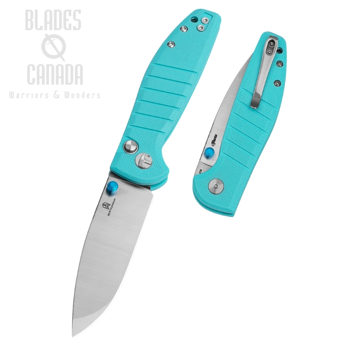 (image for) Bestechman Goodboy Jr. Button Lock Folding Knife, D2 Satin/SW, G10 Light Blue, BMK10B