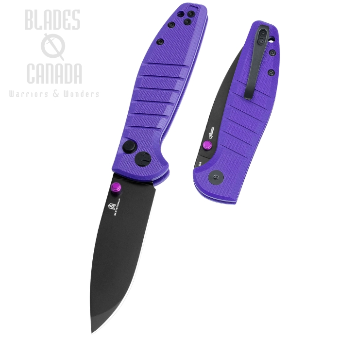 (image for) Bestechman Goodboy Jr. Button Lock Folding Knife, D2 Black, G10 Purple, BMK10G