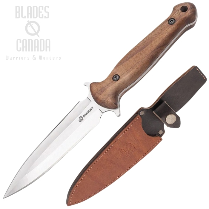 Beavercraft Tactical Fixed Blade Knife, Satin Double Edge Dagger, Walnut Handle, Leather Sheath Brown, BVRTLK2