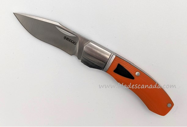 Begg Knives Traditional Slipjoint Folding Knife Small, 14C28N Satin Recurve Blade, G10 Orange/Black - BG042
