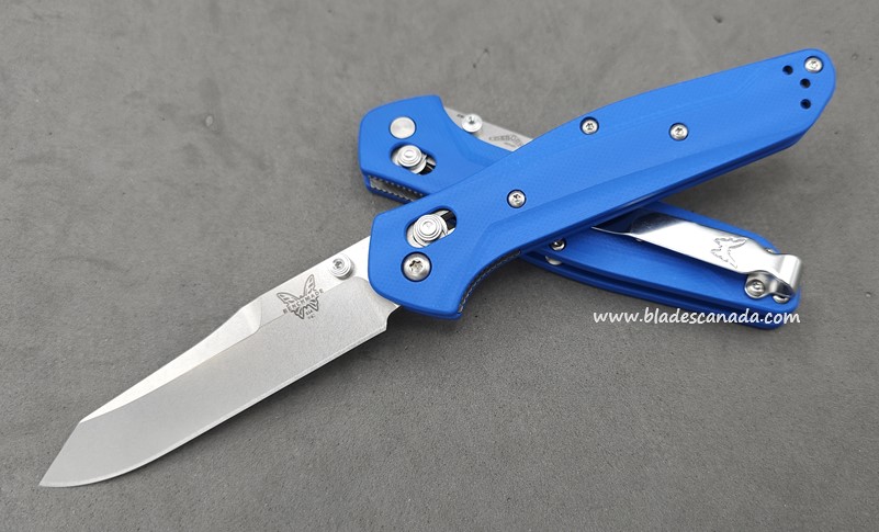 Benchmade 940 Osborne Customized Folding Knife, S90V, Blue G10, Satin Thumbstud & Standoffs, 940CU2