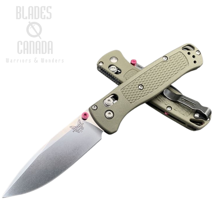 (image for) Benchmade Bugout Folding Knife, 20CV, Ranger Green Handle, Pink Thumbstud & Standoffs, 535CU23