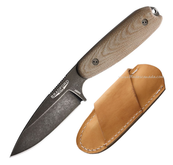 Bradford Guardian 3.5 Fixed Blade Knife, N690 Black SW Saber, Micarta Natural, Leather Sheath