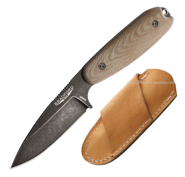 Bradford Guardian 3.5 Fixed Blade Knife, N690 Black SW Saber, Micarta Natural, Leather Sheath, BRAD35S104N