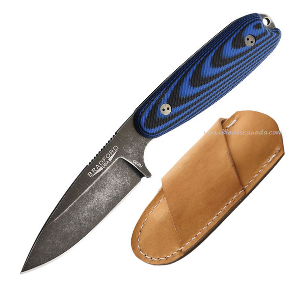 Bradford Guardian 3.5 Fixed Blade Knife, N690 Black SW Saber, Micarta Blue/Black, Leather Sheath