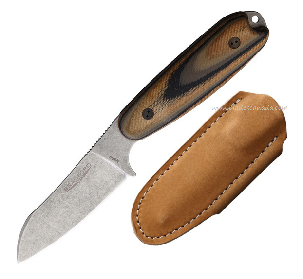 Bradford Guardian 3.5 Fixed Blade Knife, N690 SW Sheepsfoot, G-Wood Camo, Leather Sheath, BRAD35SF115
