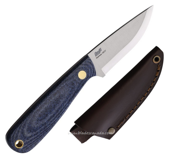 Brisa Necker 70 Fixed Blade Knife, 12C27 Satin Scandi, Micarta Blue Jean, Leather Sheath, BRI66436