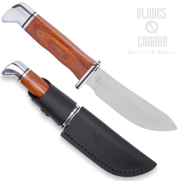 Buck Skinner Fixed Blade Knife, 420HC Steel, DymaLux Wood Handle, Leather Sheath, 0103CCS1