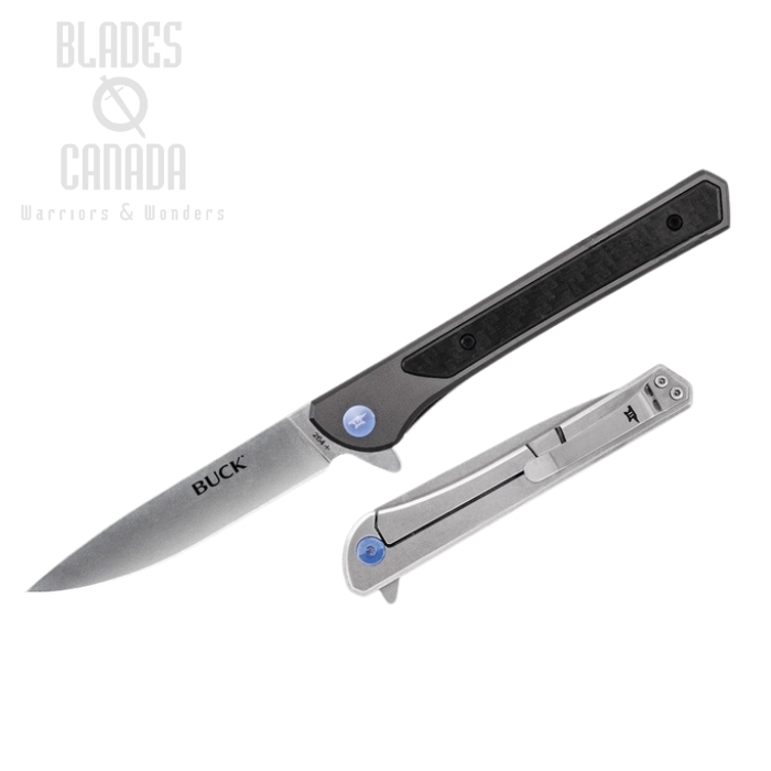 (image for) Buck Cavalier Flipper Framelock Knife, Stonewash Drop Point, Aluminum/CF, 0264GYS