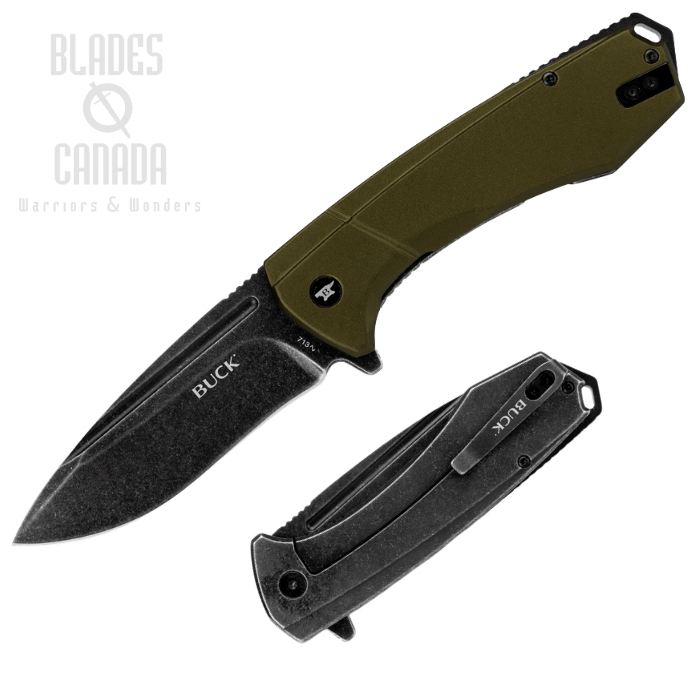 Buck Ruckus Flipper Framlock Knife, D2 Black, Aluminum Green, 0713GRS-B