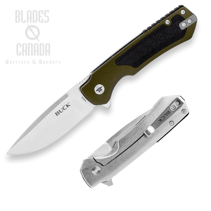 Buck Stinger Flipper Framelock Knife, D2 Steel, Aluminum Green/CF, 0714GRS-B