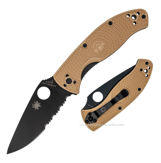 Spyderco Tenacious Folding Knife, Black Partially Serrated, FRN Tan Textured Handle, 122PSTNBK