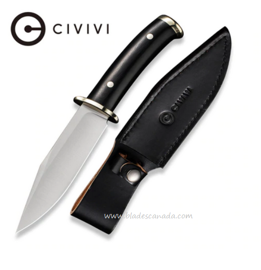 CIVIVI Teton Tickler Fixed Blade Knife, D2, G10 Black, Leather Sheath, 20072-1
