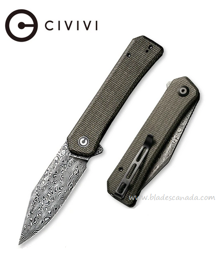 CIVIVI Relic Flipper Folding Knife, Damascus Steel, Micarta Green, 20077B-DS1