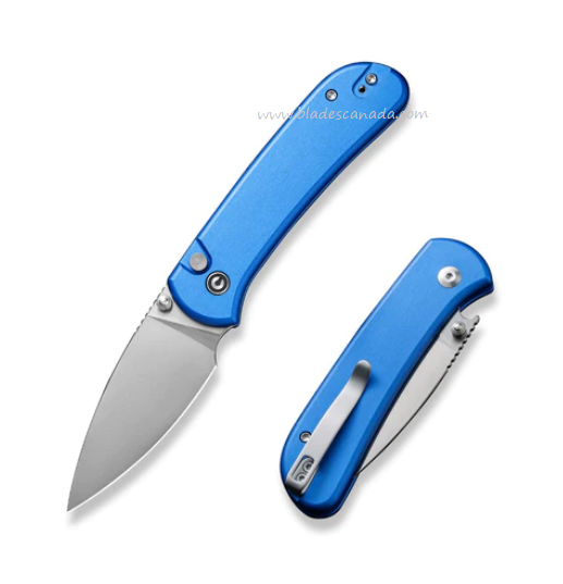 CIVIVI Qubit Button lock Folding Knife, 14C28N Satin, Aluminum Blue, 22030E-3