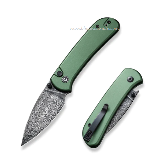 CIVIVI Qubit Button Lock Knife, Damascus, Aluminum Green, 22030E-DS1