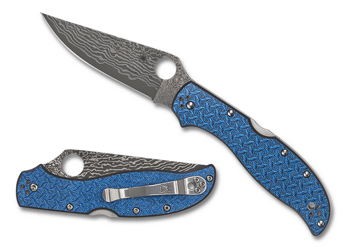 Spyderco Stretch 2 XL Folding Knife, Damascus, Blue Nishijin Glass Fiber, Sprint Run, C258GFBL