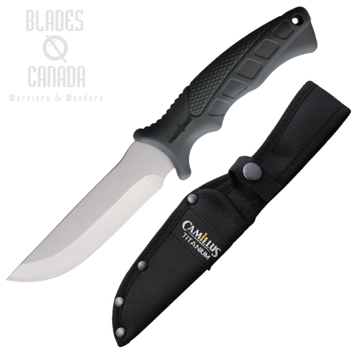 Camillus Fixed Blade Knife, Stainless Titanium Finish, Gray Handle, Nylon Sheath, CM19432