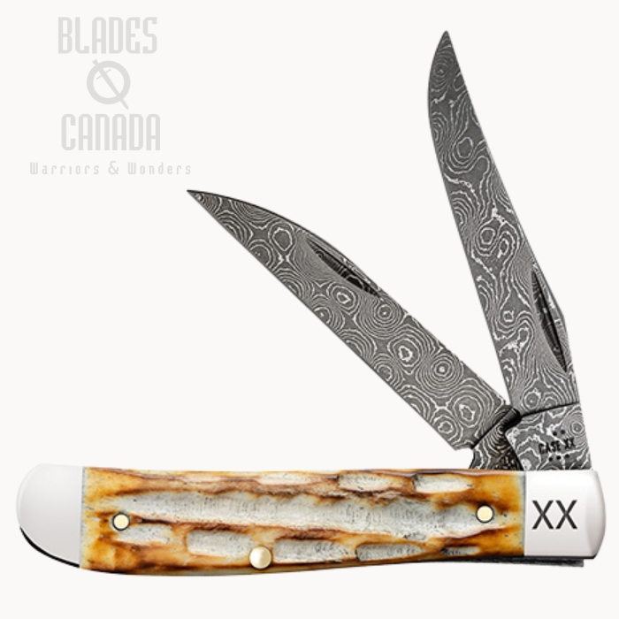 Case Deep Canyon Jig Mini Trapper Slipjoint Folding Knife, Damascus Dam-Bowl, Jigged Bone Burnt Natural, 27233 (image for) Case Deep Canyon Jig Mini Trapper Slipjoint Folding Knife, Damascus Dam-Bowl, Jigged Bone Burnt Natural, 27233