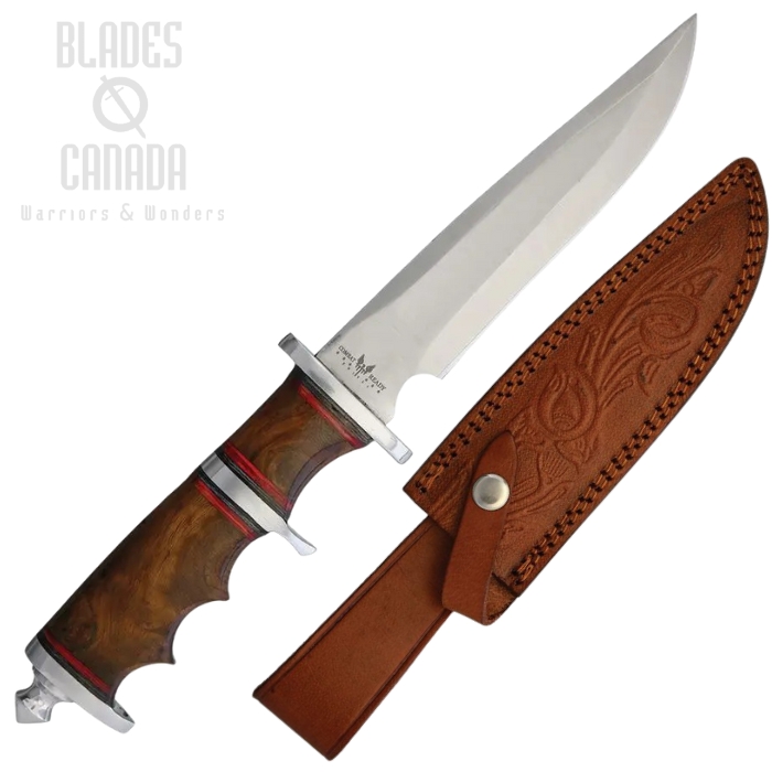 Combat Ready Sub Hilt Fighter Fixed Blade Knife, Stainless Satin, Wood Handle, Leather Sheath, CBR111