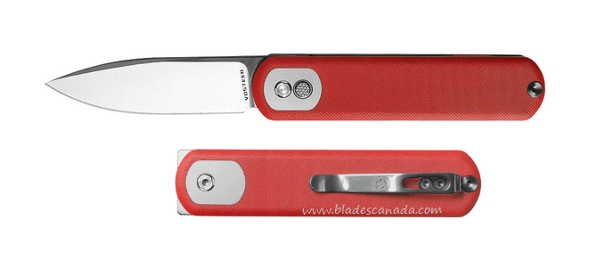 Vosteed Corgi Flipper Button Lock Folding Knife, 14C28N Satin, Micarta Red, CG29VTGR