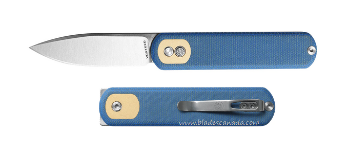 Vosteed Corgi Flipper Button Lock Folding Knife, 14C28N Satin, Micarta Blue, CG29VTML