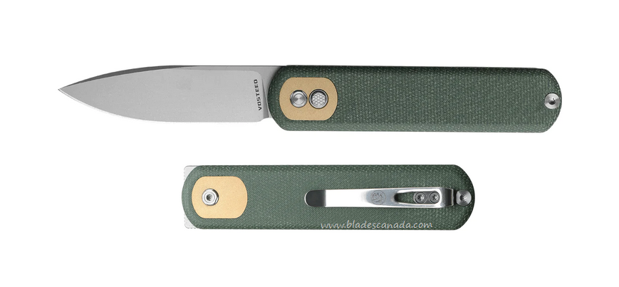 Vosteed Corgi Flipper Button Lock Folding Knife, 14C28N SW, Micarta Green, CG3SVM3