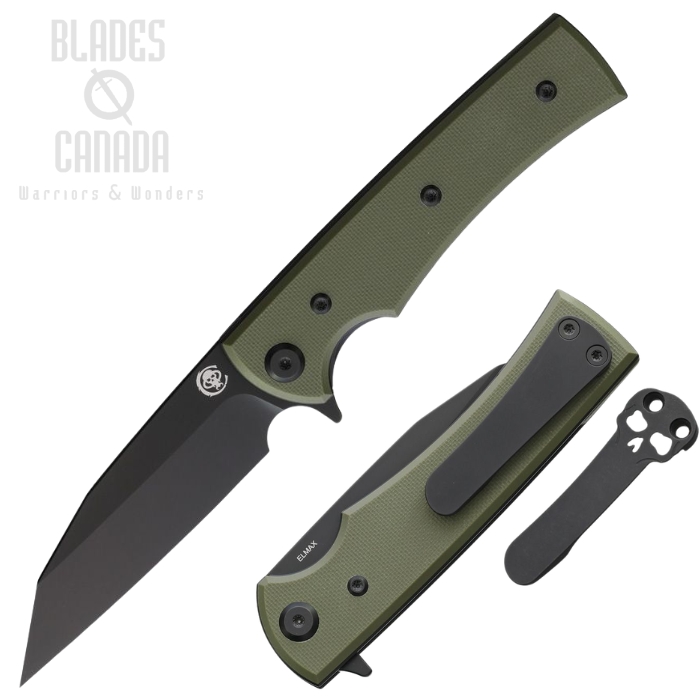 (image for) Chaves Sangre Street Flipper Folding Knife, Elmax Black Wharncliffe, G10 OD Green, 14569