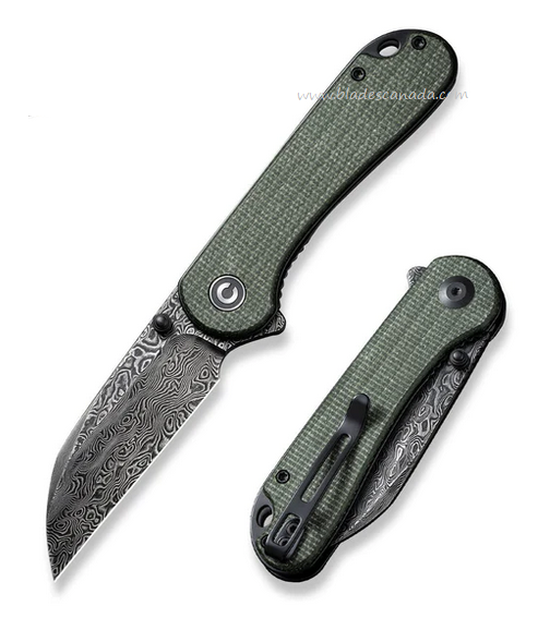 CIVIVI Elementum Flipper Folding Knife, Damascus, Micarta Green, 18062AF-DS1