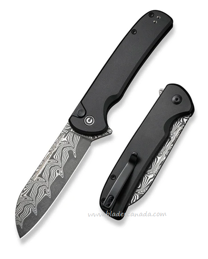 CIVIVI Chevalier II Flipper Button Lock Knife, Damascus, Aluminum Black, C20022B-DS1