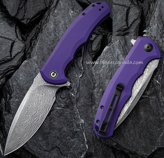 CIVIVI Praxis Flipper Folding Knife, Damascus, G10 Purple, 803DS-2 - Click Image to Close