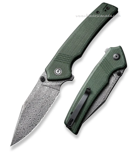 CIVIVI Tranquil Flipper Folding Knife, Damascus, Micarta Green, C23027-DS1