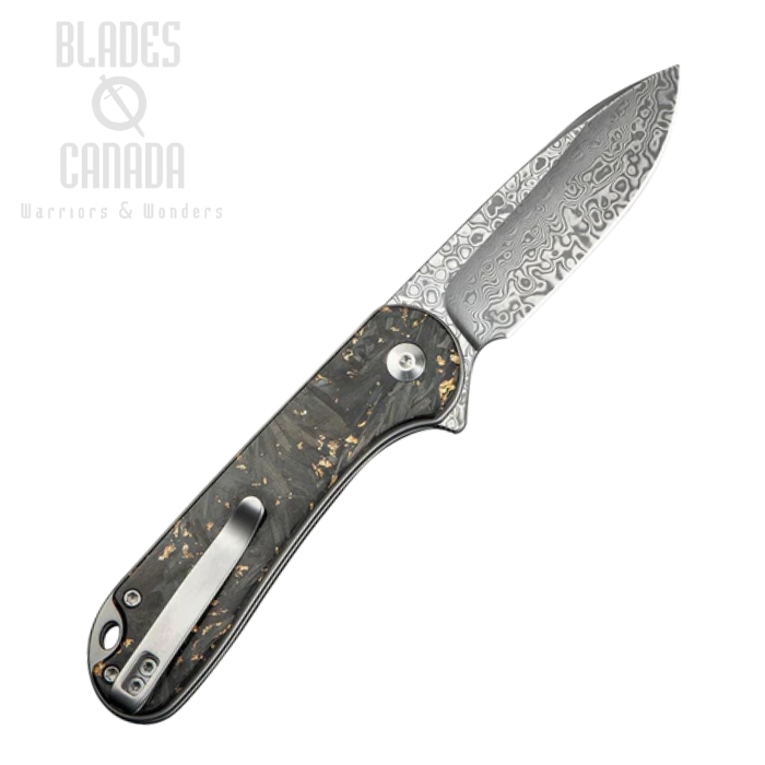 (image for) CIVIVI Button Lock Elementum II Folding Knife, Damascus, Carbon Fiber & Golden Shred, C18062P-10