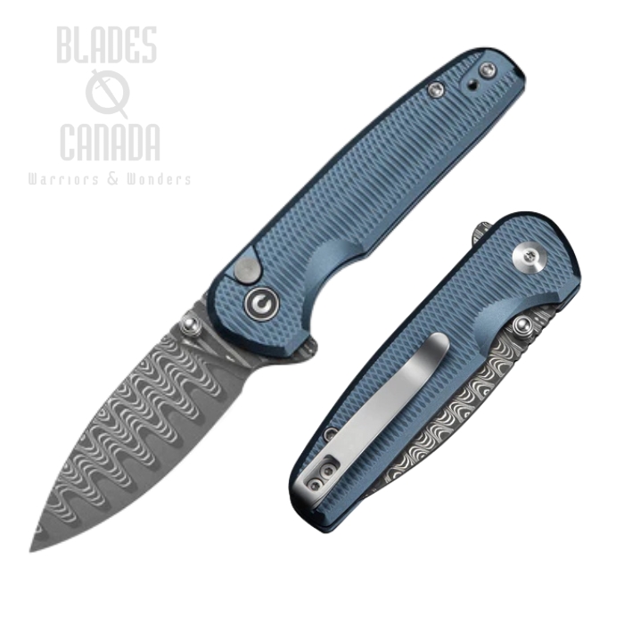 CIVIVI Mini Shakan Flipper Button Lock Knife, Damascus, Aluminum Blue, C20052F-DS1