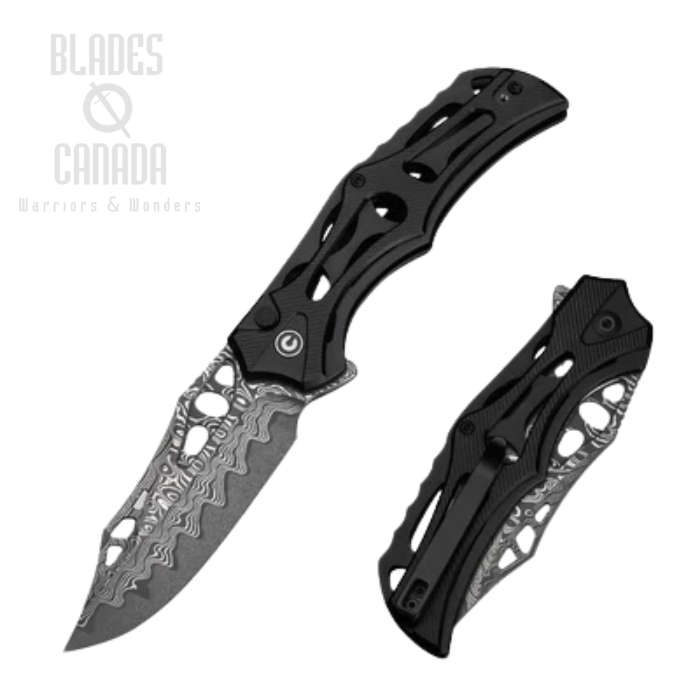 CIVIVI Biophase Flipper Button Lock Knife, Damascus, Aluminum Black, C23083-DS1