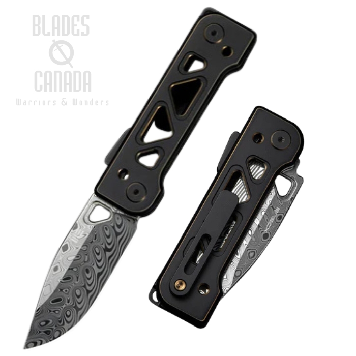 WE Knife Tyro Superlock Folding Knife, Damasteel, Titanium Black/Gold, WE24001-DS1
