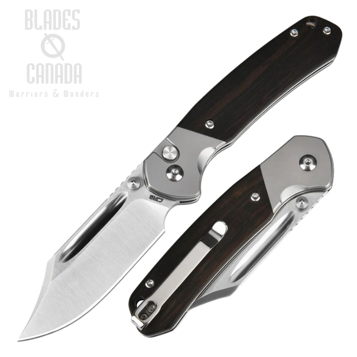 CJRB Pyrite Bowie Button Lock Folding Knife, AR-RPM9, Wood Handle, J1942-EBN