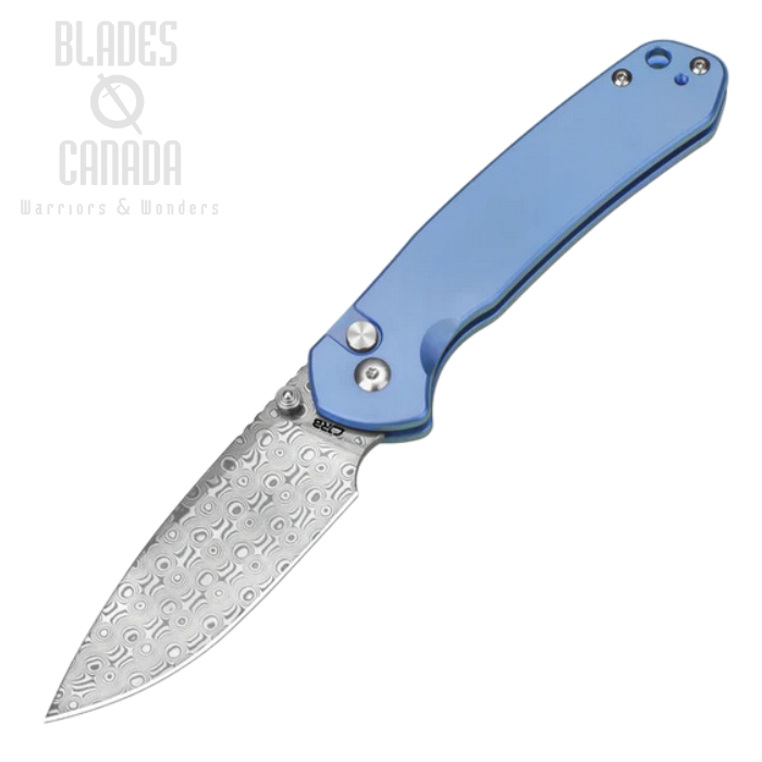 CJRB Pyrite Button Lock Folding Knife, Damascus, Titanium Blue, J1925T-BU