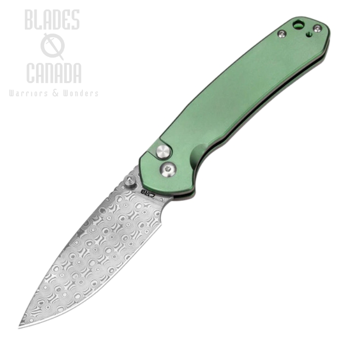 CJRB Pyrite Button Lock Folding Knife, Damascus, Titanium Green, J1925T-GN