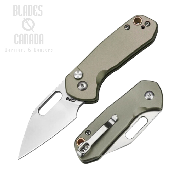 CJRB Mini Pyrite Button Lock Folding Knife, AR-RPM9, Aluminum Green, J1933-GN