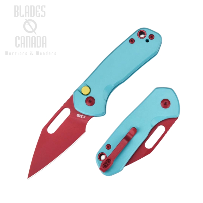 CJRB Spray Paint Mini Pyrite Button Lock Folding knife, AR-RPM9 Cherry Red, G10 Sky Blue, J1933-WEB