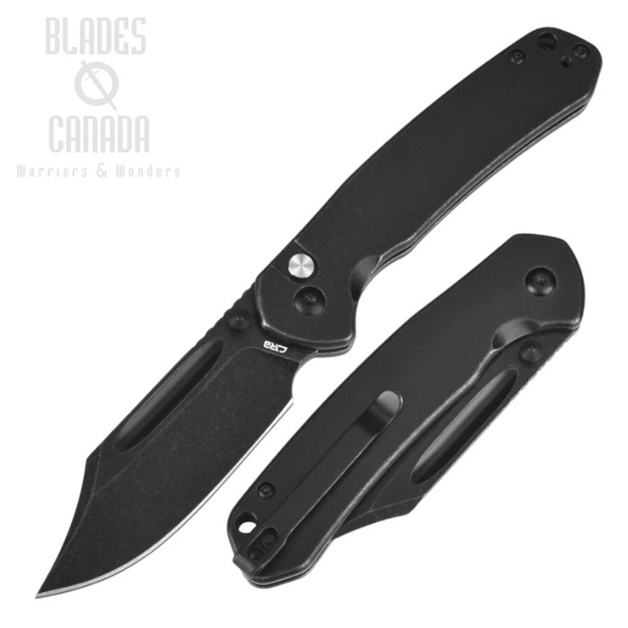 CJRB Pyrite Bowie Button Lock Folding Knife, AR-RPM9 Black, Steel Black, J1942-BST
