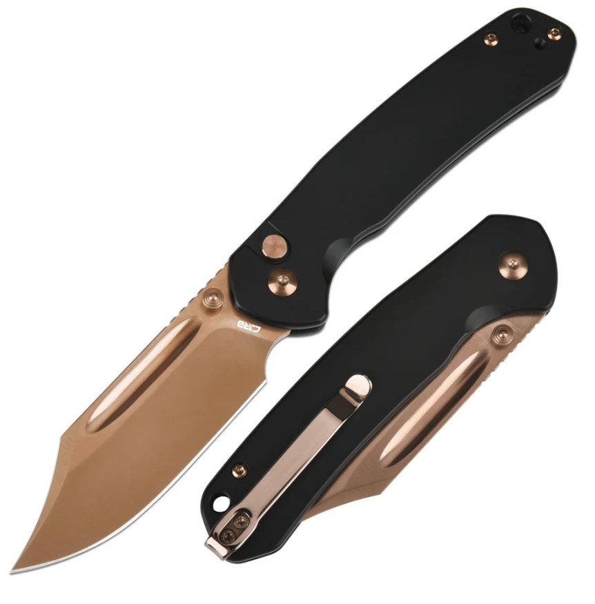 (Coming Soon) CJRB Pyrite Bowie Button Lock Folding Knife, AR-RPM9 Rose, Steel Black, J1942-RG