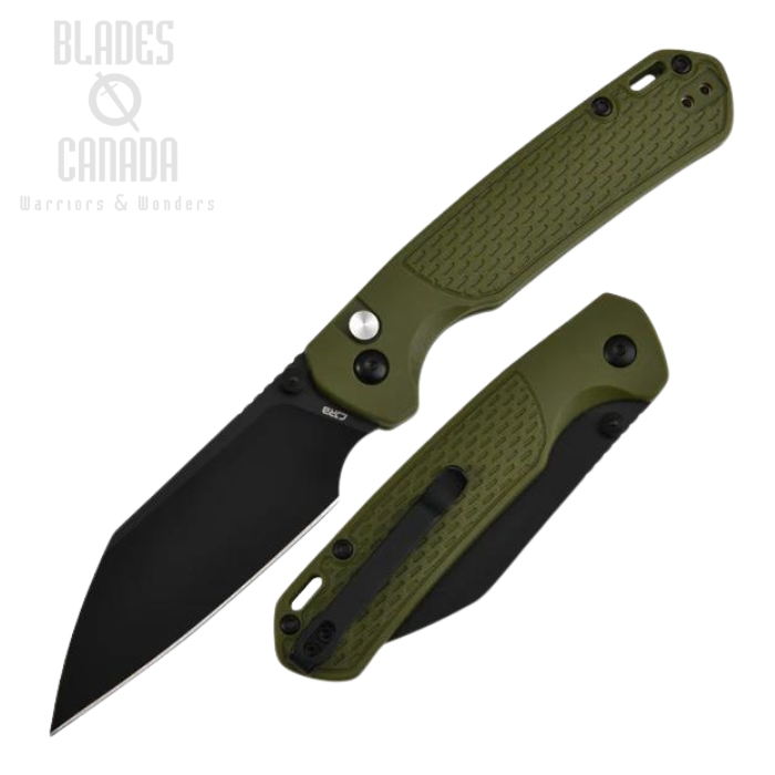 CJRB Pyrite-Light Button Lock Folding Knife, AR-RPM9 Black, FRN Green, J1945-BGN